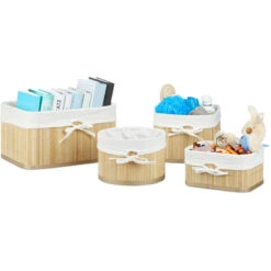 Relaxdays Set 4 Cestini Portaoggetti In Bambù, Scatole Per Armadi, Organizer Scaffali, HxLxP 17,5 X 32 X 23 Cm, Naturale