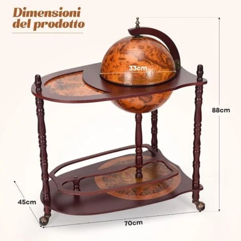 COSTWAY Mappamondo Bar Con Ruote Mobili Porta Liquori Minibar Portabottiglie, 88 X 70 X 45 Cm 7 COSTWAY Mappamondo Bar Con Ruote Mobili Porta Liquori Minibar Portabottiglie, 88 X 70 X 45 Cm - immagine 5