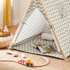 SoBuy Tenda Gioco Bambino Tenda Indiani Con 2 Porte E Una Finestra Grigio OSS02-HG -Armonia Decor 12200238 4