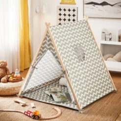 SoBuy Tenda Gioco Bambino Tenda Indiani Con 2 Porte E Una Finestra Grigio OSS02-HG -Armonia Decor 12200238 5