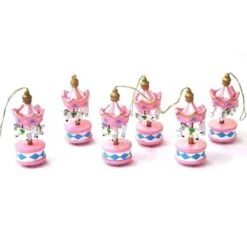 Trade Shop - 6 Mini Carillon Colore Rosa Giostra Cavalli Decorazione In Legno 8x3.5cm Gancio