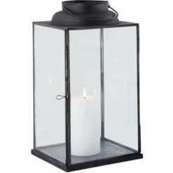 Lanterna In Vetro E Metallo Di Design Moderno Stile Minimalista Portacandela, Cm 14,5x14,5x25 H