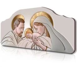 Quadro Capezzale Sacro 42x92 Cm Sacra Famiglia Su Tavola Lavorata Pannello Oro