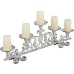 Relaxdays Portacandele Antico, A 5 Bracci Candelabro, Shabby Chic, In Ghisa, Vintage, HxLxP: 20 X 59 X 9,5 Cm, Bianco