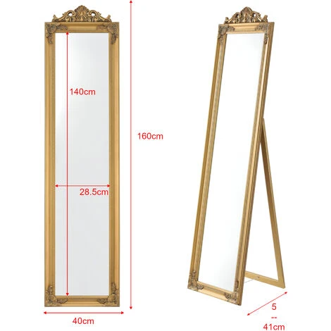 Specchio Da Appoggio / Terra / Pavimento A Figura Intera Forma Rettangolare Con Inclinazione Regolabile 160 X 40 Cm Cornice In Eucalipto Stile Barocco - Color Oro 7 Specchio Da Appoggio / Terra / Pavimento A Figura Intera Forma Rettangolare Con Inclinazione Regolabile 160 X 40 Cm Cornice In Eucalipto Stile Barocco - Color Oro - immagine 5