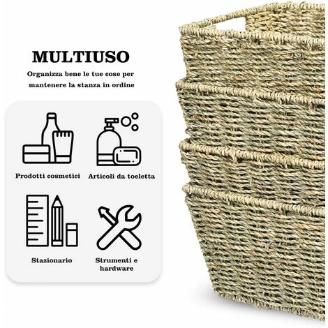 Set Di 4 Cestini In Seagrass Naturale, Cesti Portaoggetti Con Manici, Per Bagno E Cucina 7 Set Di 4 Cestini In Seagrass Naturale, Cesti Portaoggetti Con Manici, Per Bagno E Cucina - immagine 5