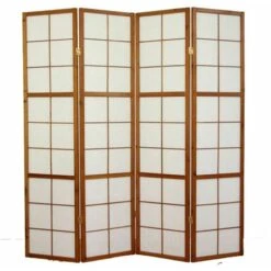 Paravento Giapponese Shoji In Legno Marrone Scuro Di 4 Pannelli