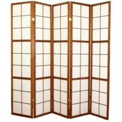 Paravento Giapponese Shoji In Legno Marrone Scuro Di 5 Pannelli