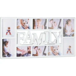 Relaxdays Cornice 10 Foto Family, Portafoto Multiplo Da Parete, HLP: 36,5 X 72 X 2 Cm, Decorazione Salotto, Bianco