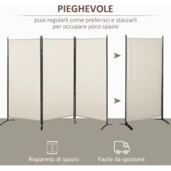 HOMCOM Paravento A 3 Pannelli Pieghevole, Frangivista Divisorio Per Ambienti In Metallo E Poliestere 253x50x182cm Beige -Armonia Decor 31870077 4