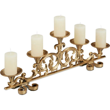 Relaxdays Portacandele Antico, A 5 Bracci, Candelabro, Shabby Chic, In Ghisa, Vintage, HxLxP: 20 X 59 X 9,5 Cm, Oro 3 Relaxdays Portacandele Antico, A 5 Bracci, Candelabro, Shabby Chic, In Ghisa, Vintage, HxLxP: 20 X 59 X 9,5 Cm, Oro