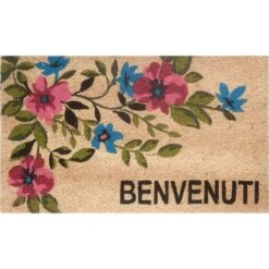 Baroni Home Zerbino Da Esterno In Cocco Con Base In PVC Dipinto A Mano Raffigurante 70X40X2 Cm. Facile Da Pulire E Ultraresistente Ramo Fiori Rosa E Blu Scritta Benvenuti