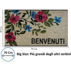 Baroni Home Zerbino Da Esterno In Cocco Con Base In PVC Dipinto A Mano Raffigurante 70X40X2 Cm. Facile Da Pulire E Ultraresistente Ramo Fiori Rosa E Blu Scritta Benvenuti -Armonia Decor 32913985 3