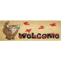 Baroni Home Zerbino Da Esterno In Cocco Con Base In PVC Dipinto A Mano Raffigurante 70X40X2 Cm. Facile Da Pulire E Ultraresistente Gatto Scritta Welcome
