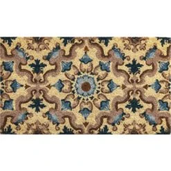 Baroni Home Zerbino Da Esterno In Cocco Con Base In PVC Dipinto A Mano Raffigurante 70X40X2 Cm. Facile Da Pulire E Ultraresistente Maioliche Blu E Verdi