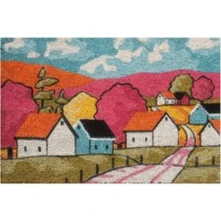 Baroni Home Zerbino Da Esterno In Cocco Con Base In PVC Dipinto A Mano Raffigurante 60X40X2 Cm. Facile Da Pulire E Ultraresistente Villaggio Rosso