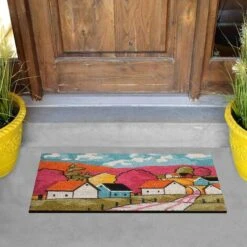 Baroni Home Zerbino Da Esterno In Cocco Con Base In PVC Dipinto A Mano Raffigurante 60X40X2 Cm. Facile Da Pulire E Ultraresistente Villaggio Rosso -Armonia Decor 33511802 5