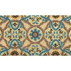 Baroni Home Zerbino Da Esterno In Cocco Con Base In PVC Dipinto A Mano Raffigurante 70X40X2 Cm. Facile Da Pulire E Ultraresistente Maioliche Blu E Tortora Tondi