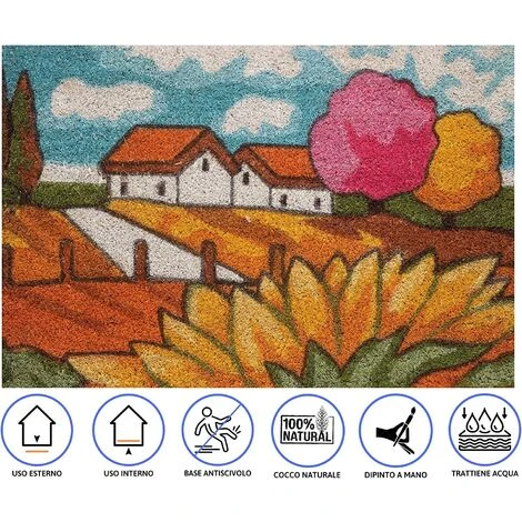 Baroni Home Zerbino Da Esterno In Cocco Con Base In PVC Dipinto A Mano Raffigurante 60X40X2 Cm. Facile Da Pulire E Ultraresistente Paesaggio Campagna 6 Baroni Home Zerbino Da Esterno In Cocco Con Base In PVC Dipinto A Mano Raffigurante 60X40X2 Cm. Facile Da Pulire E Ultraresistente Paesaggio Campagna - immagine 4