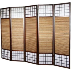 Paravento Giapponese In Legno E Bambù Di 5 Pannelli