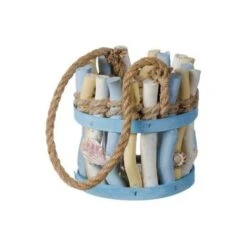 LANTERNA PORTACANDELA D.13XH13CM CON LEGNI BIANCHI / BLU / NATURALI E CORDA IN JUTA