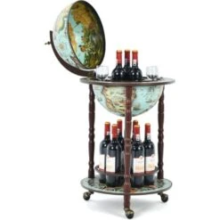 Mappamondo Bar Con Ruote Mobile Porta Liquori, Con Stile Retrò (Azzurro 45 X 45 X 88cm)