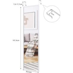 Specchio A Figura Intera Per Porta, Specchio Con 2 Ganci E Altezza Regolabile, Specchio A Muro In Vetro Antideflagrante, 37,5x1,5x107,4 Cm (Bianco) 9 Specchio A Figura Intera Per Porta, Specchio Con 2 Ganci E Altezza Regolabile, Specchio A Muro In Vetro Antideflagrante, 37,5x1,5x107,4 Cm (Bianco) -Armonia Decor 47524745 3