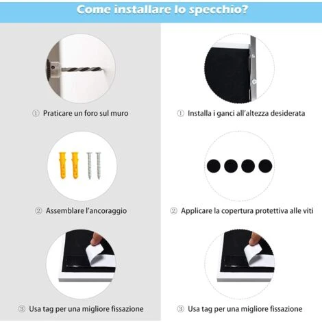 Specchio A Figura Intera Per Porta, Specchio Con 2 Ganci E Altezza Regolabile, Specchio A Muro In Vetro Antideflagrante, 37,5x1,5x107,4 Cm (Bianco) 6 Specchio A Figura Intera Per Porta, Specchio Con 2 Ganci E Altezza Regolabile, Specchio A Muro In Vetro Antideflagrante, 37,5x1,5x107,4 Cm (Bianco) - immagine 4