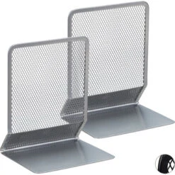 Relaxdays Set Da 2 Fermalibri Per Mensole, Supporti Libri, Reggilibri A Rete In Acciaio, HLP 16,5x13,5x10,5 Cm, Argento