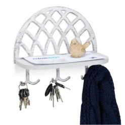 1x Mensola Portachiavi, Ripiani E Ganci, Vintage, In Ghisa E Legno, Da Parete, HxLxP: 23x27x12 Cm, Bianco