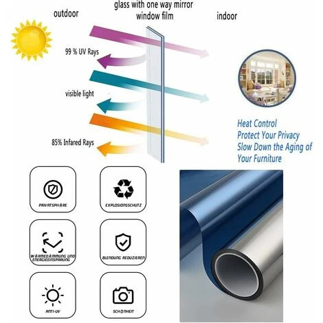 Pellicola Per Specchietti Unidirezionali Per Finestre Anti UV Resistente Al Calore Anti-sguardo Controllo Della Temperatura Pellicola Adesiva Riflettente Per La Privacy Per Finestre Home Office Store 5 Pellicola Per Specchietti Unidirezionali Per Finestre Anti UV Resistente Al Calore Anti-sguardo Controllo Della Temperatura Pellicola Adesiva Riflettente Per La Privacy Per Finestre Home Office Store - immagine 3