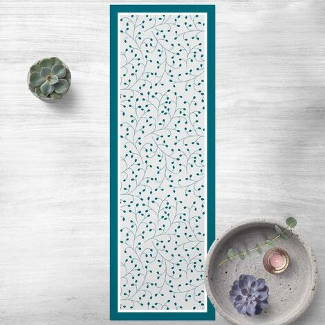 Tappeti In Vinile - Trama Di Rami Delicati Con Punti In Petrolio Con Cornice - Pannello Dimensione HxL: 90cm X 30cm 3 Tappeti In Vinile - Trama Di Rami Delicati Con Punti In Petrolio Con Cornice - Pannello Dimensione HxL: 90cm X 30cm