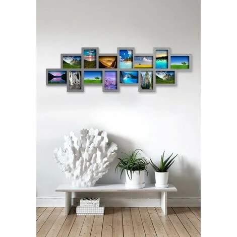 Rebecca Mobili Porta Foto Multiplo Cornice Grigio 14 Spazi 10x15 Mdf 36x120x1,2 4 Rebecca Mobili Porta Foto Multiplo Cornice Grigio 14 Spazi 10x15 Mdf 36x120x1,2 - immagine 2