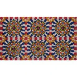 Baroni Home Zerbino Da Esterno In Cocco Con Base In PVC Dipinto A Mano Raffigurante 70X40X2 Cm. Facile Da Pulire E Ultraresistente Decori Rosso E Blu