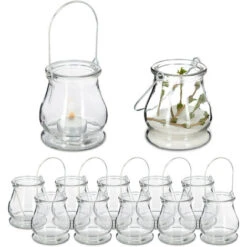 Relaxdays Vasetti Portacandele, Set Da 12, In Vetro, Ampolle Con Manico, Interni E Esterni, HxD 10x8,5 Cm, Trasparente