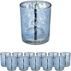Relaxdays Set 12 Portacandele In Vetro, Porta Lumini Dal Design Decorativo Per Centrotavola E Bagno, Argentati