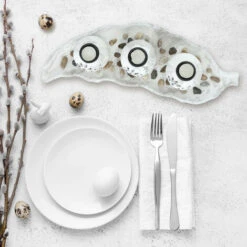 Relaxdays Portacandele, Con Vassoio A Forma Di Foglia, 3 Vasetti Rotondi, Centrotavola, Con Candeline, Bianco Grigio -Armonia Decor 59919193 2