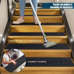 COSTWAY 15 Tappetini Antiscivolo Per Scale 76 X 20 Cm, Tappeti Antiscivolo Per Gradini Di Scale Di Legno Da Interno, Tappetini Impermeabili Per Scale Per Bambini, Anziani E Animali, Grigio -Armonia Decor 60277780 3