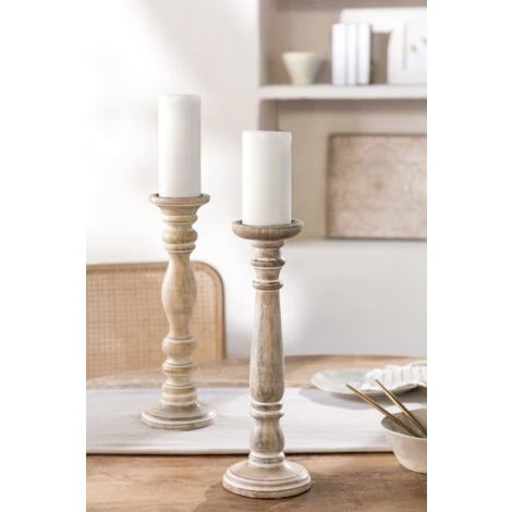 SKLUM Set Di 2 Portacandele In Legno Di Mango Sadel Legno Bianco Vintage 4 SKLUM Set Di 2 Portacandele In Legno Di Mango Sadel Legno Bianco Vintage - immagine 2