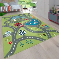 Paco Home Tappeto Per Bambini, Tappeto Da Gioco Per Camere Dei Bambini, Con Motivo Stradale, In Verde 80x150 Cm