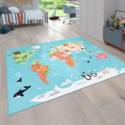 Paco Home Tappeto Per Bambini, Tappeto Da Gioco Per Le Camere Dei Bambini, Mappa Del Mondo Con Animali, In Verde 80x150 Cm
