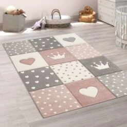 Paco Home Tappeto Per Bambini Colori Pastello Quadri Punti Cuori Stelle Bianco Grigio Rosa Ø 120 Cm Tondo
