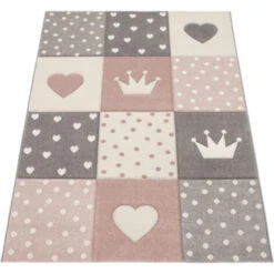 Paco Home Tappeto Per Bambini Colori Pastello Quadri Punti Cuori Stelle Bianco Grigio Rosa Ø 120 Cm Tondo -Armonia Decor 64005891 5