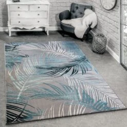 Paco Home Tappeto Di Design Moderno Soggiorno 3D Motivo Palme In Grigio Turchese Crema 60x110 Cm
