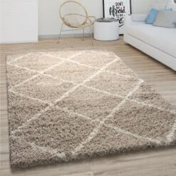Paco Home Tappeto Per Soggiorno A Pelo Alto Shaggy Motivo A Rombi Scandinavo, Moderno In Beige 60x100 Cm