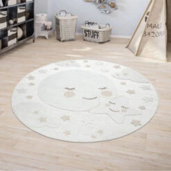 Paco Home Tappeto Bambini Cameretta Rotondo Da Gioco Ragazzo Ragazza Effetto 3D Luna Beige Ø 120 Cm Tondo
