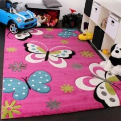 Paco Home Tappeto Bambina Per Stanza Bambini Con Farfalla E Fiori Rosa Fuchsia Blu Crema 80x150 Cm