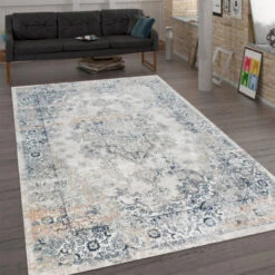 Paco Home Tappeto Per Soggiorno A Tessuto Liscio, Con Design Orientale, Used-look E Bordature, In Blu 80x150 Cm