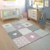 Paco Home Tappeto Bambini Cameretta Bambina Ragezzi Cuore Polkadot Stelle 3D Viola Grigio Ø 120 Cm Tondo