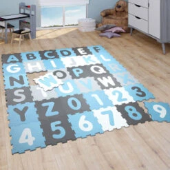 Paco Home Tappeto Puzzle Bambini Da Gioco Schiuma Bebè Ragazzi Numeri Lettere Pastello Blu 32x32 Cm X 36 Pezzi